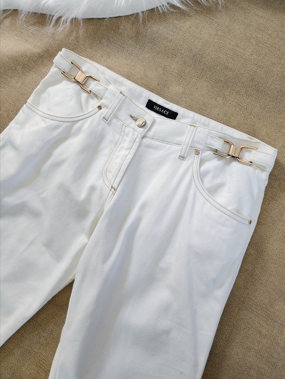 Rare Versace Vintage Jeans Logo White Gold Denim 90s Couture